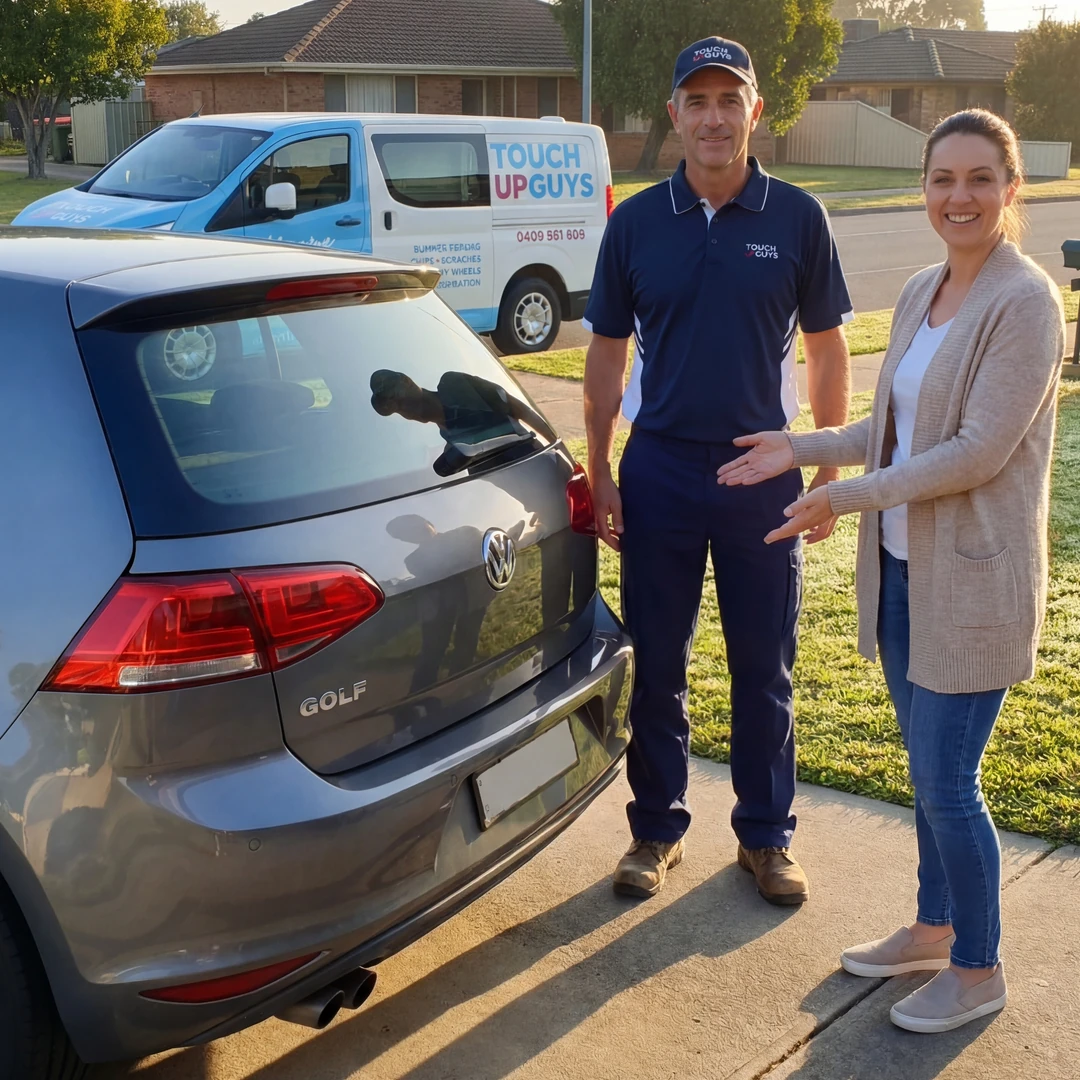 Happy customer with repaired vehicle