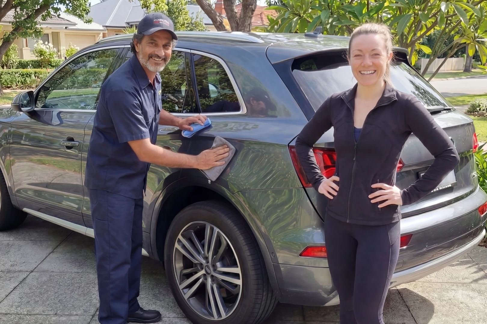 Happy customer with repaired vehicle